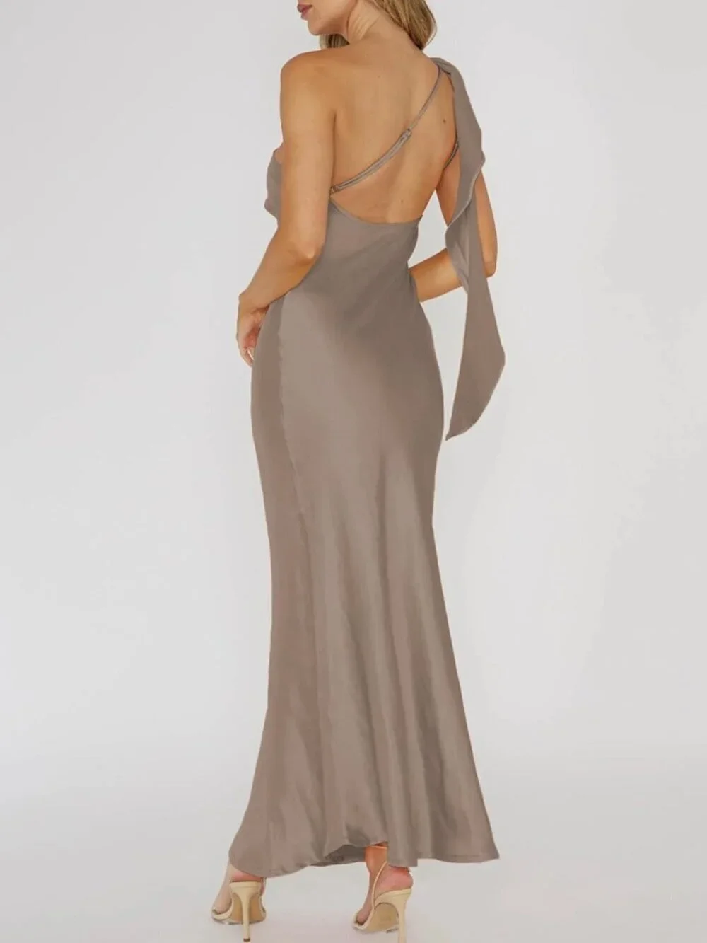 Women's Mocha Summer Silk Formal Elegant Sleeveless ONE Shoulder Maxi Dress